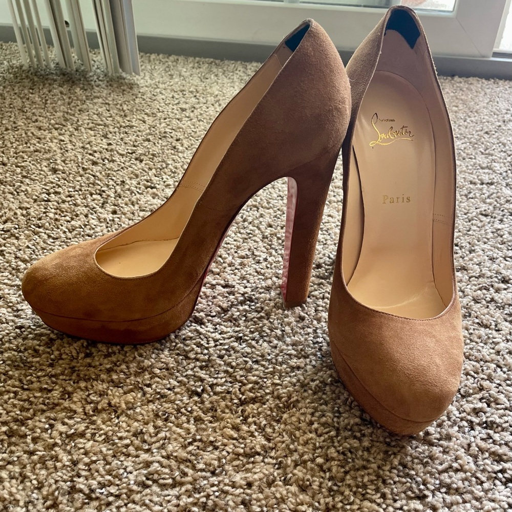 Christian Louboutin Bibi platform. 140 tan suede.
